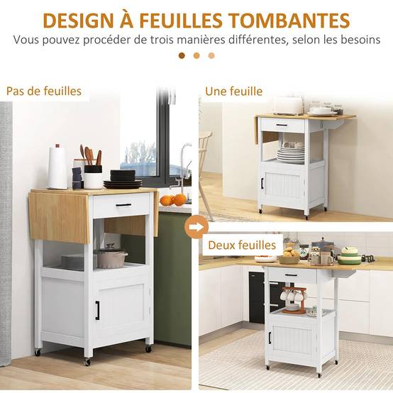 Chariot de service desserte de cuisine à roulettes meuble de rangement plateau pliable tiroir étagère et armoire - Image 2
