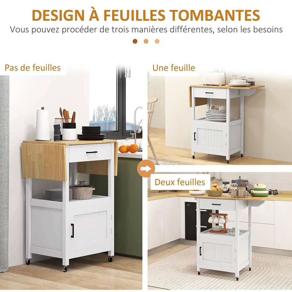 Chariot de service desserte de cuisine à roulettes meuble de rangement plateau pliable tiroir étagère et armoire - Image 2