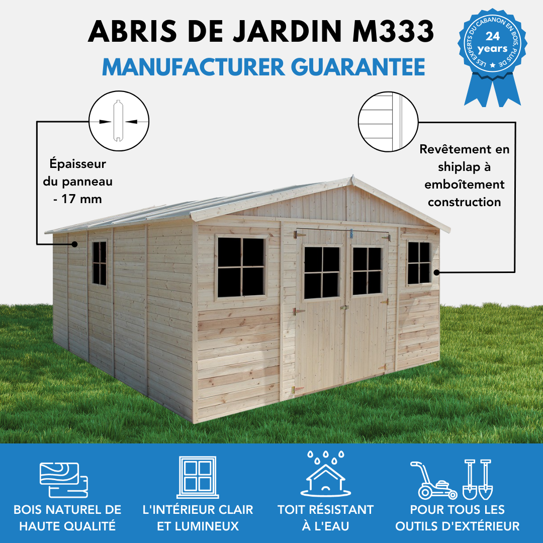 Timbela - Abri de Jardin en Bois Naturel H246x418x522 cm / 20 m² - Stockage extérieur avec fenêtres - 17 mm d’épaisseur - Timbela M333 - Image 8