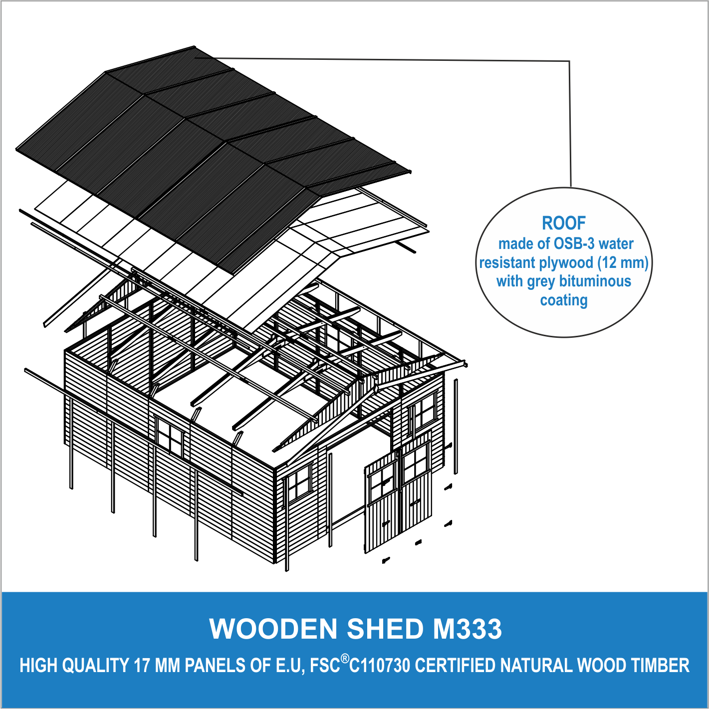 Timbela - Abri de Jardin en Bois Naturel H246x418x522 cm / 20 m² - Stockage extérieur avec fenêtres - 17 mm d’épaisseur - Timbela M333 - Image 7