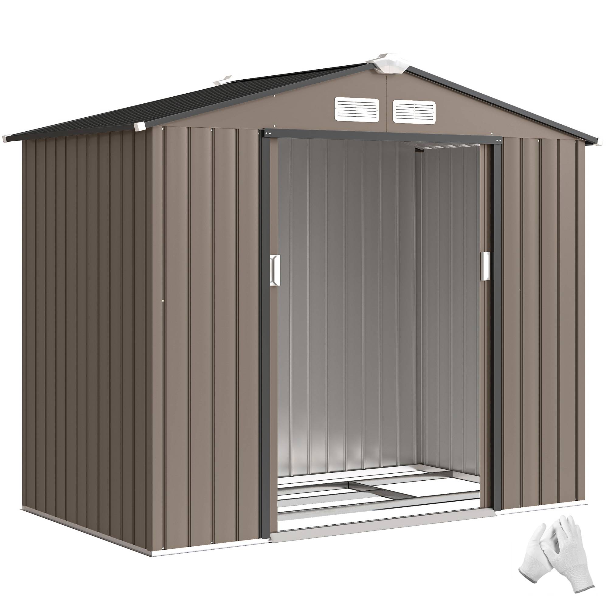 Abri de jardin en métal avec aérations et double porte coulissante, 2,1 x 1,3 m, marron - Image 1