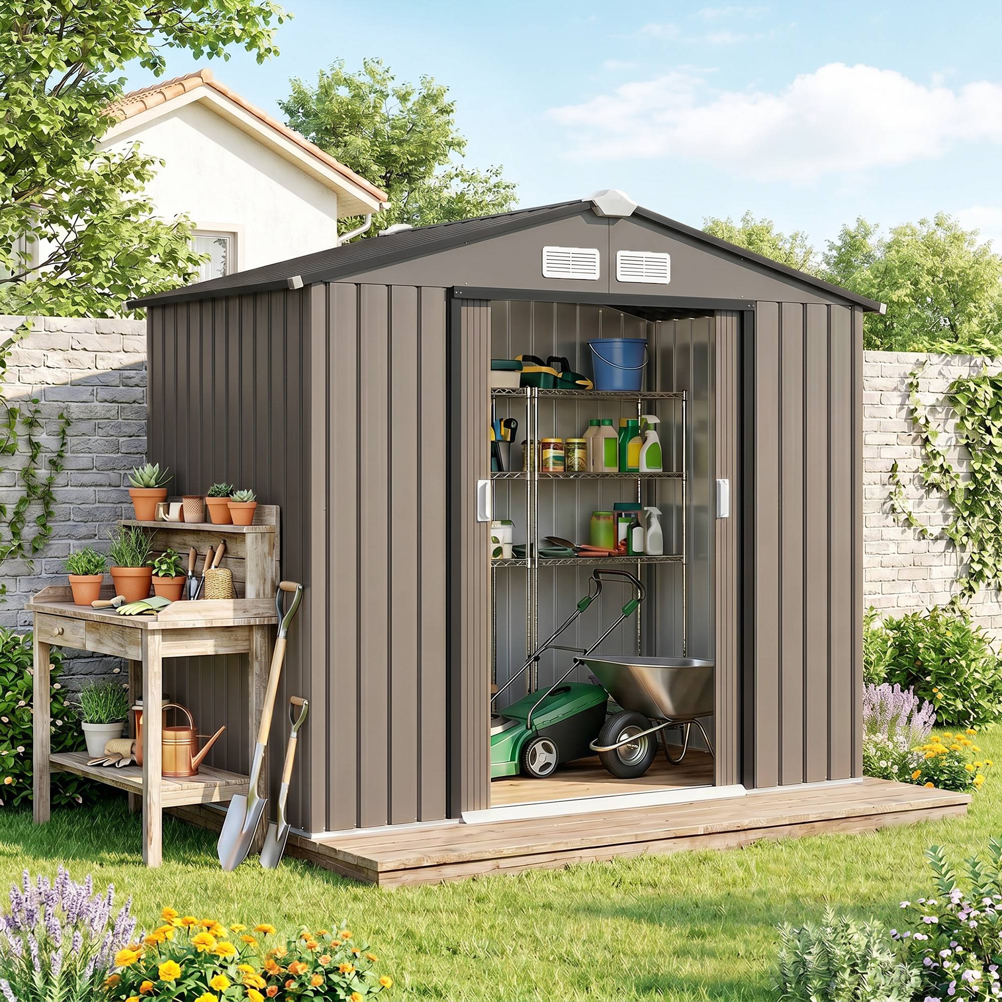 Abri de jardin en métal avec aérations et double porte coulissante, 2,1 x 1,3 m, marron - Image 4