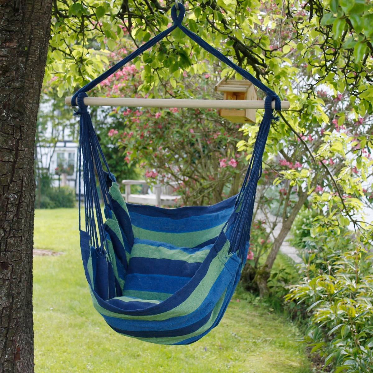 Ecd-Germany - Hamac suspendu balançoire jardin siège coton bleu/vert 120cm extérieur intérieur - Imagen 2