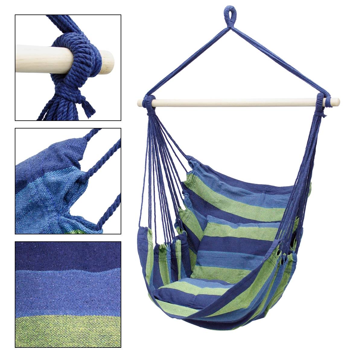 Ecd-Germany - Hamac suspendu balançoire jardin siège coton bleu/vert 120cm extérieur intérieur - Imagen 4