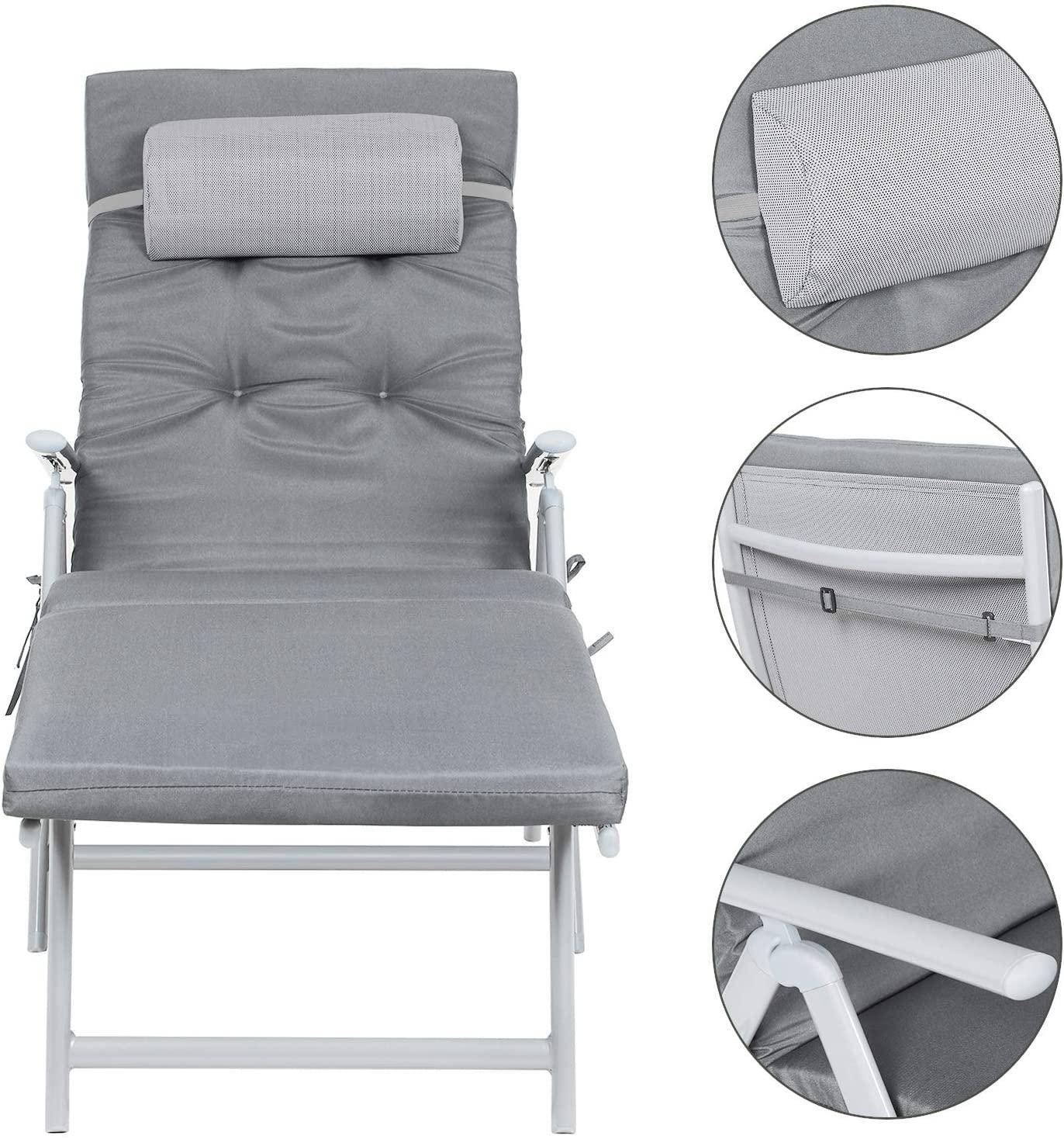 Helloshop26 - Chaise longue bain de soleil avec matelas d'une épaisseur de 6 cm appui tête amovible en alu anti rouille respirant inclinable charge max 150 kg gris - Imagen 4