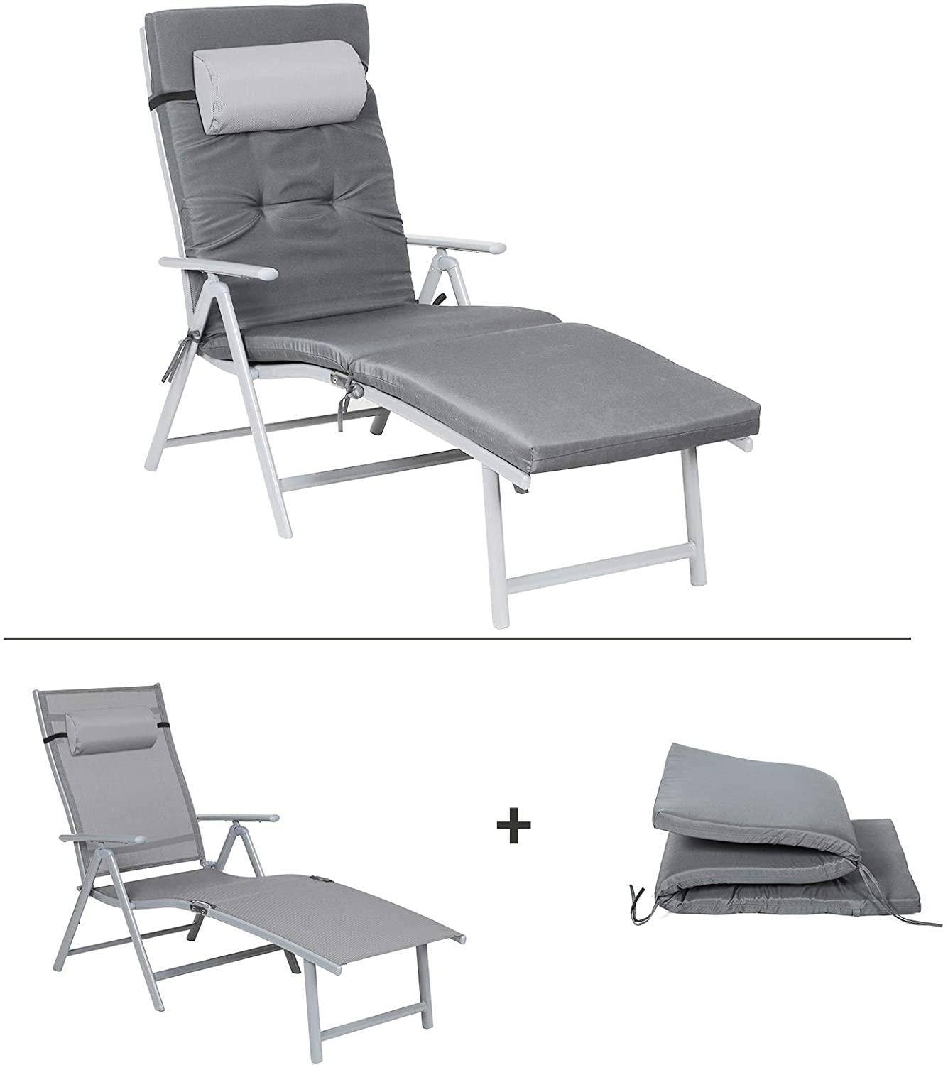 Helloshop26 - Chaise longue bain de soleil avec matelas d'une épaisseur de 6 cm appui tête amovible en alu anti rouille respirant inclinable charge max 150 kg gris - Imagen 3