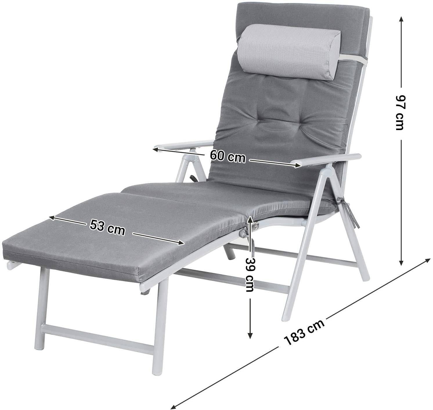Helloshop26 - Chaise longue bain de soleil avec matelas d'une épaisseur de 6 cm appui tête amovible en alu anti rouille respirant inclinable charge max 150 kg gris - Imagen 5