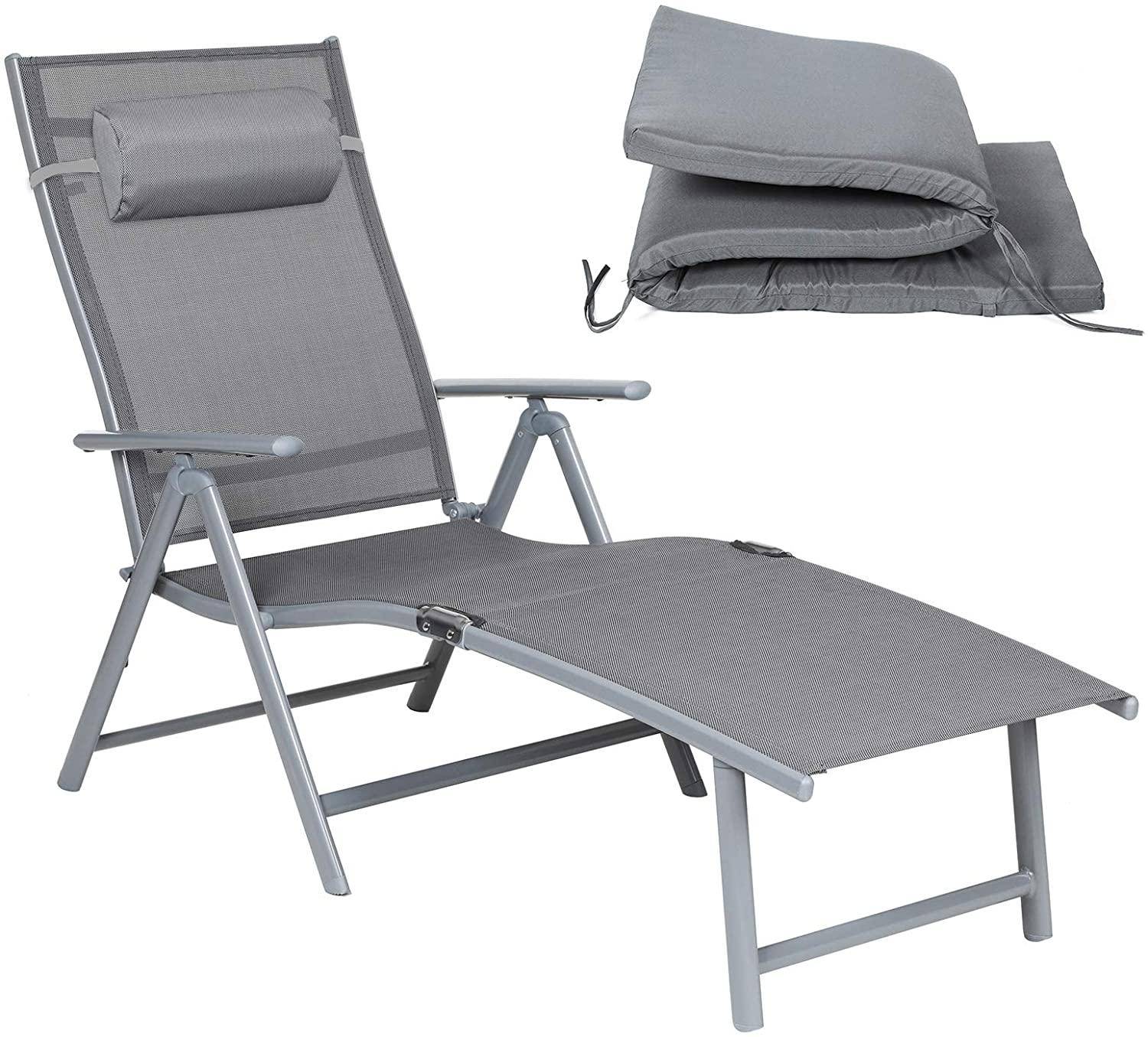 Helloshop26 - Chaise longue bain de soleil avec matelas d'une épaisseur de 6 cm appui tête amovible en alu anti rouille respirant inclinable charge max 150 kg gris - Imagen 6
