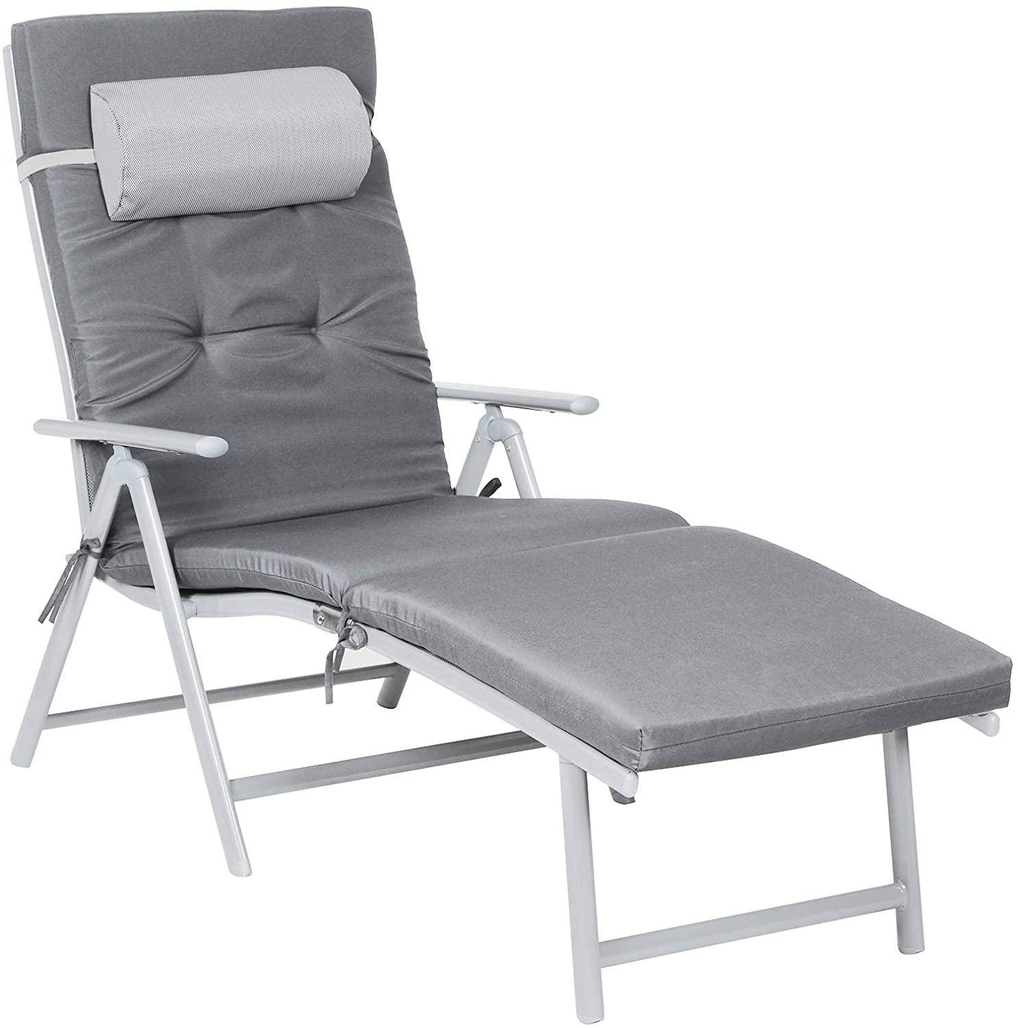 Helloshop26 - Chaise longue bain de soleil avec matelas d'une épaisseur de 6 cm appui tête amovible en alu anti rouille respirant inclinable charge max 150 kg gris - Imagen 1
