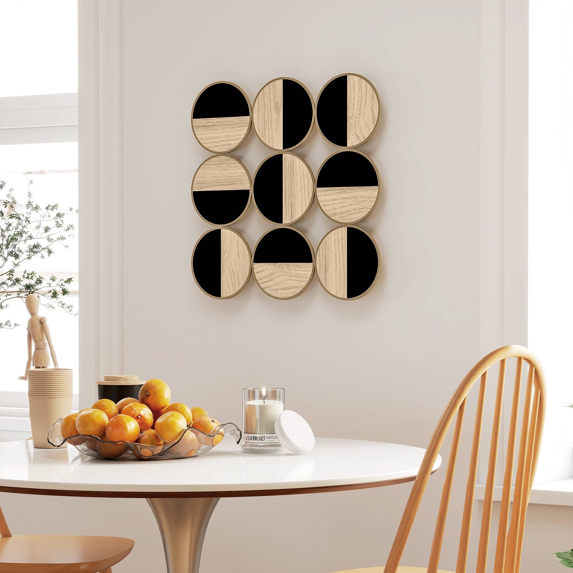 Sans Marque - Décoration murale géométrique ornement 3D moderne 60x60 cm miroir plastique noir bois naturel - Image 4