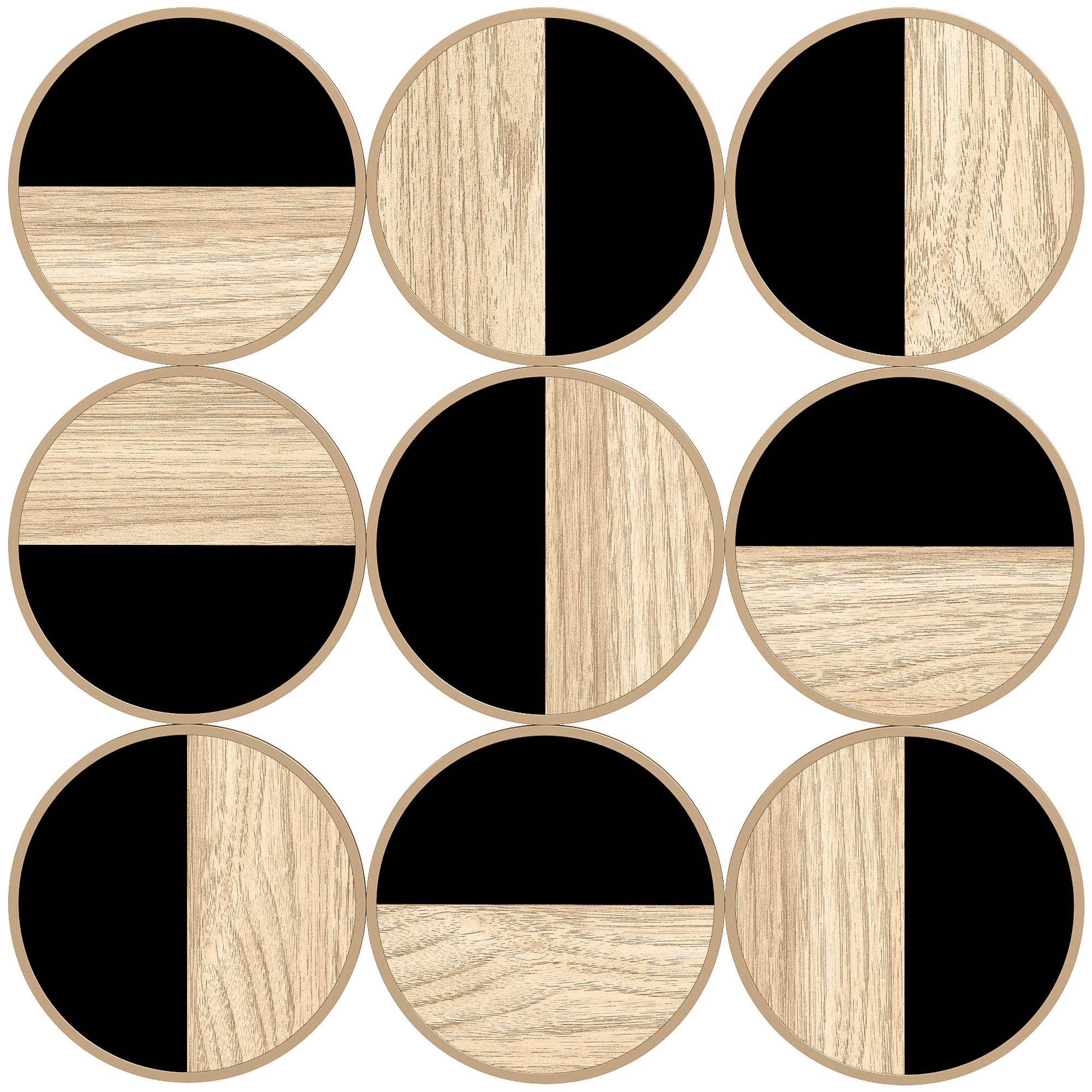 Sans Marque - Décoration murale géométrique ornement 3D moderne 60x60 cm miroir plastique noir bois naturel - Image 1