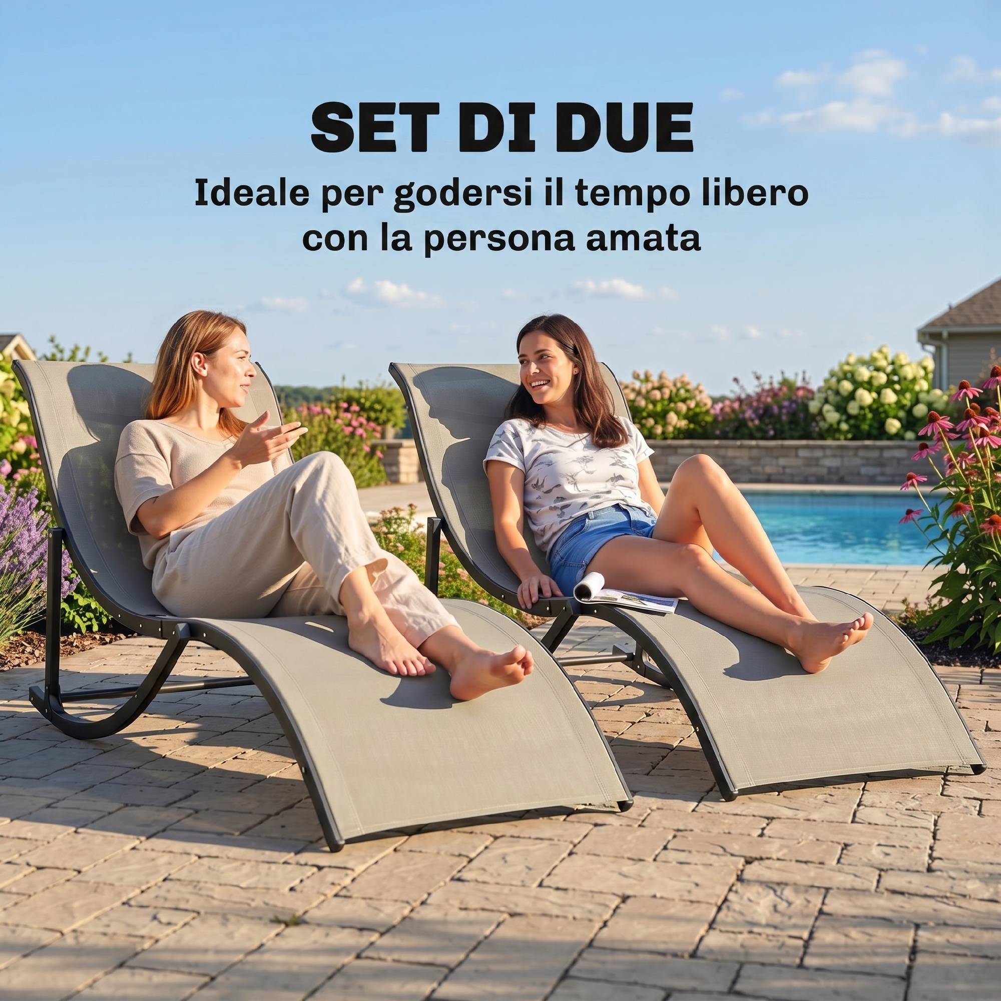 Ensemble de 2 chaises longues pliantes de jardin, en aluminium et textilène, 61 x 165 x 63 cm - Image 9