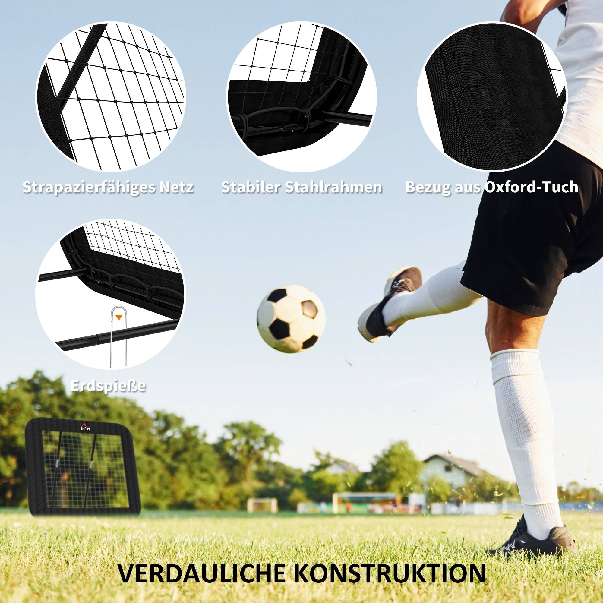 Mur de rebond football 128x118 cm, réglable 5 positions, avec rebord de protection et piquets, portable, noir - Image 8