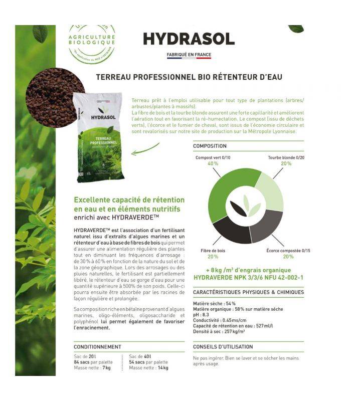 Terreau professionnel bio rétenteur d'eau Hydrasol 10 sacs 40 litres RACINE PRO154-10x40 - Image 2