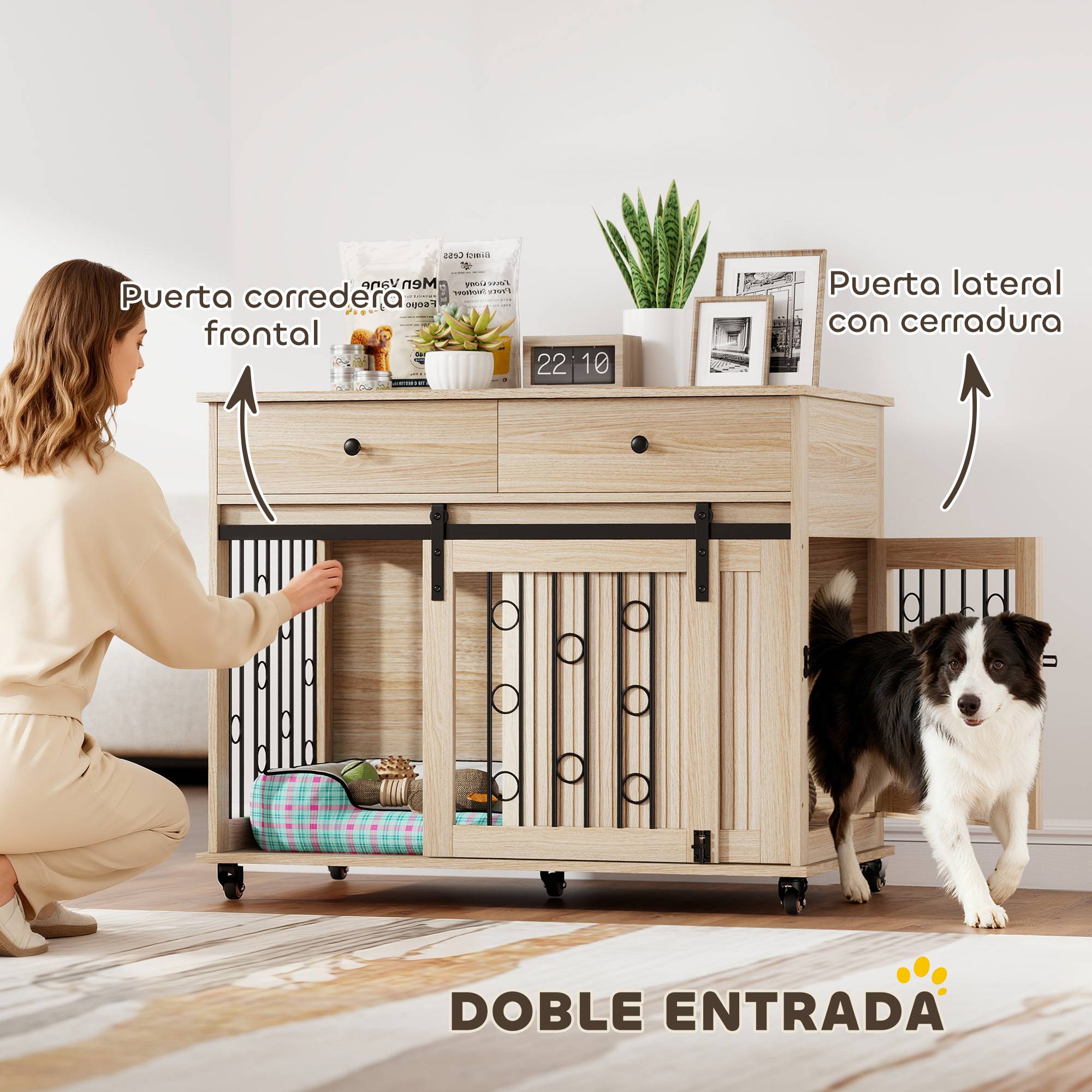 Cage chien moyen/grand table moderne, 2 tiroirs, 2 portes, fermeture, 100x56x81 cm, chêne - Image 9