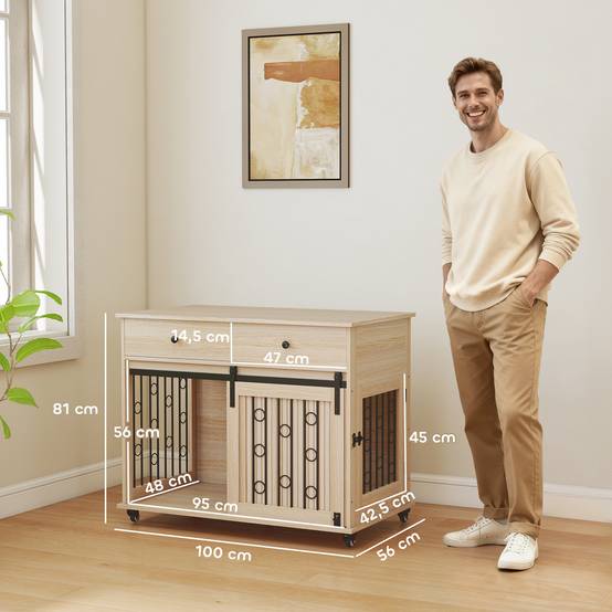 Cage chien moyen/grand table moderne, 2 tiroirs, 2 portes, fermeture, 100x56x81 cm, chêne - Image 5