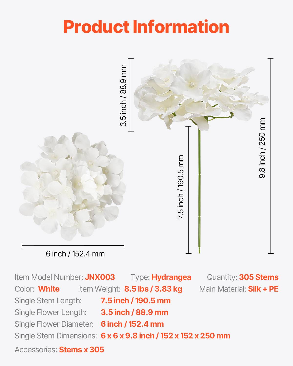 VEVOR Hortensia artificiel lot de 305, 250mm. Aspect réaliste, tête 152mm. Décoration intérieure, fêtes. Blanc. - Image 7