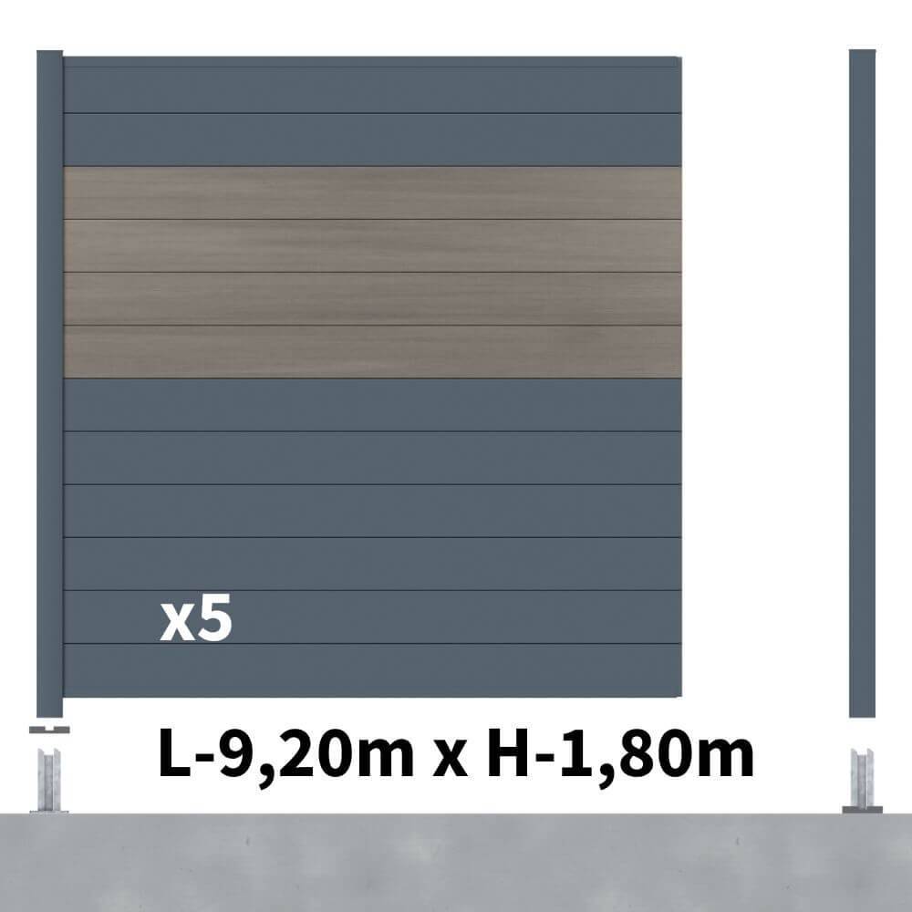 Kit Clôture Aluminium BAHIA & CRUZ Argent 9,20x1,8m - Bois Composite & Aluminium - Poteaux Gris - Brise Vue - Palissade - Image 2