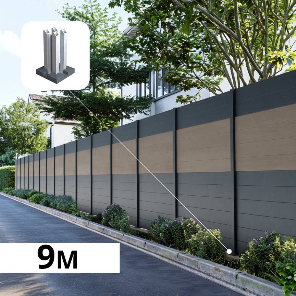 Kit Clôture Aluminium BAHIA & CRUZ Argent 9,20x1,8m - Bois Composite & Aluminium - Poteaux Gris - Brise Vue - Palissade - Image 1