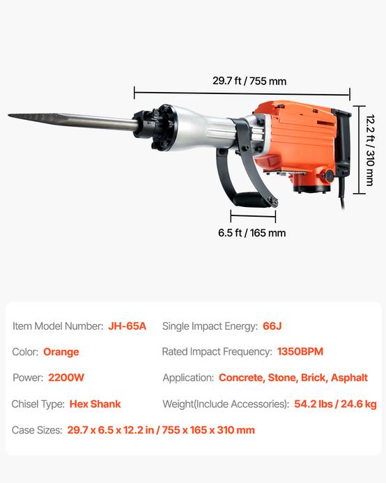 VEVOR Marteau-démolisseur 2200W, 66J, 1350 BPM, 4 burins, poignée rotative 360°, anti-vibration. - Image 7