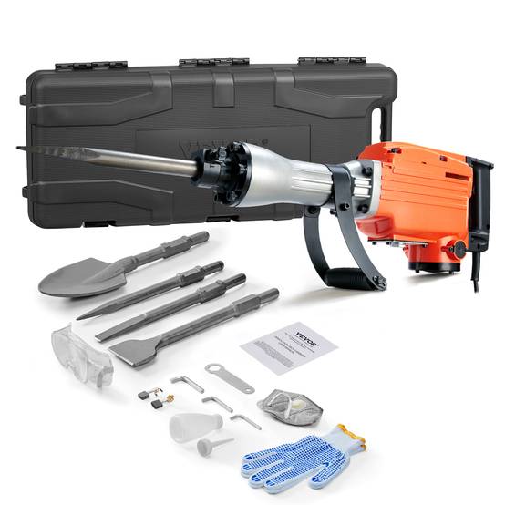 VEVOR Marteau-démolisseur 2200W, 66J, 1350 BPM, 4 burins, poignée rotative 360°, anti-vibration. - Image 1