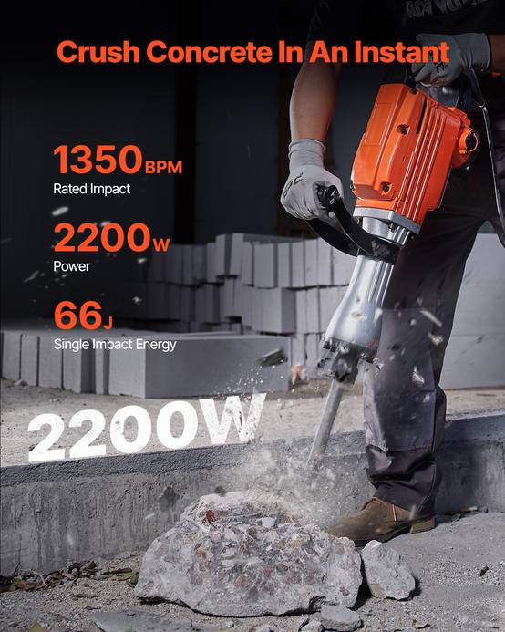 VEVOR Marteau-démolisseur 2200W, 66J, 1350 BPM, 4 burins, poignée rotative 360°, anti-vibration. - Image 2