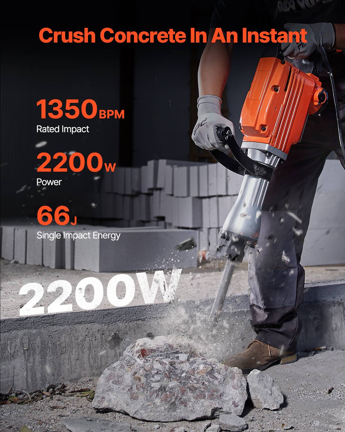 VEVOR Marteau-démolisseur 2200W, 66J, 1350 BPM, 4 burins, poignée rotative 360°, anti-vibration. - Image 2