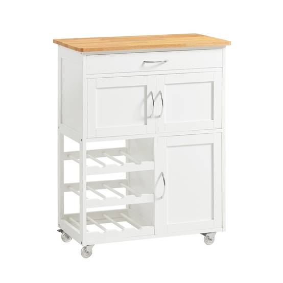 SoBuy Desserte de Cuisine Roulante avec Plateau en Bois, Tiroir, Porte-Bouteilles et Portes, Blanche, 67x87x37cm, FKW45-WN - Image 1