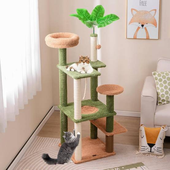 COSTWAY Arbre à Chat Cactus, Tour pour Chat à 6 Étages, 4 Plateformes, Arbre à Chat XXL, Brosse d'Toilettage, 2 Poteaux à Griffer en Sisal, Vert - Image 2