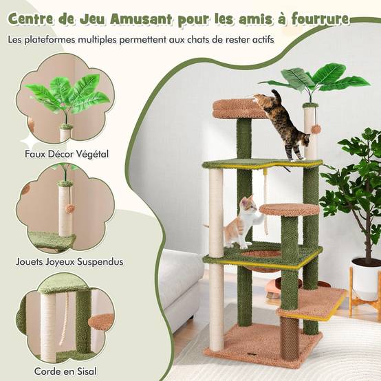 COSTWAY Arbre à Chat Cactus, Tour pour Chat à 6 Étages, 4 Plateformes, Arbre à Chat XXL, Brosse d'Toilettage, 2 Poteaux à Griffer en Sisal, Vert - Image 8