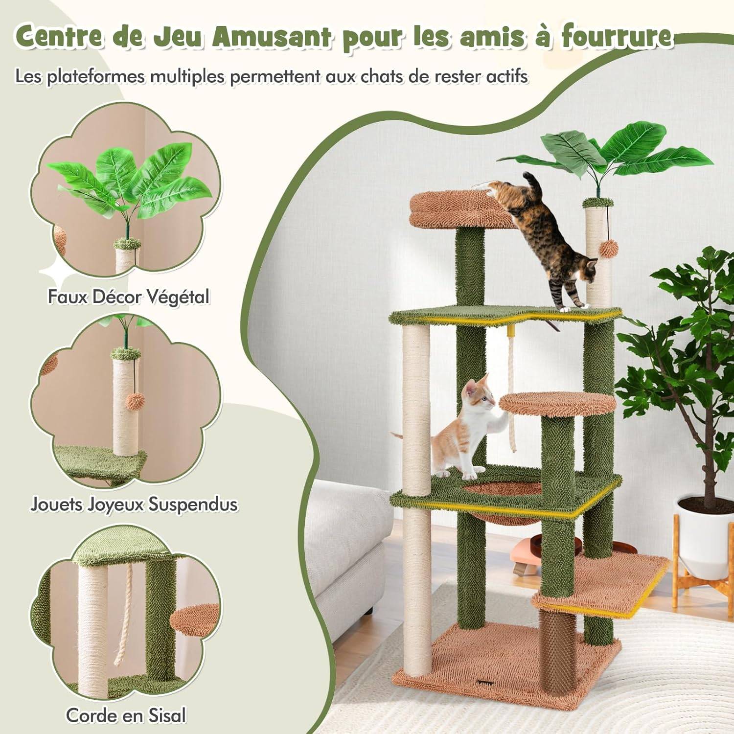 COSTWAY Arbre à Chat Cactus, Tour pour Chat à 6 Étages, 4 Plateformes, Arbre à Chat XXL, Brosse d'Toilettage, 2 Poteaux à Griffer en Sisal, Vert - Image 8