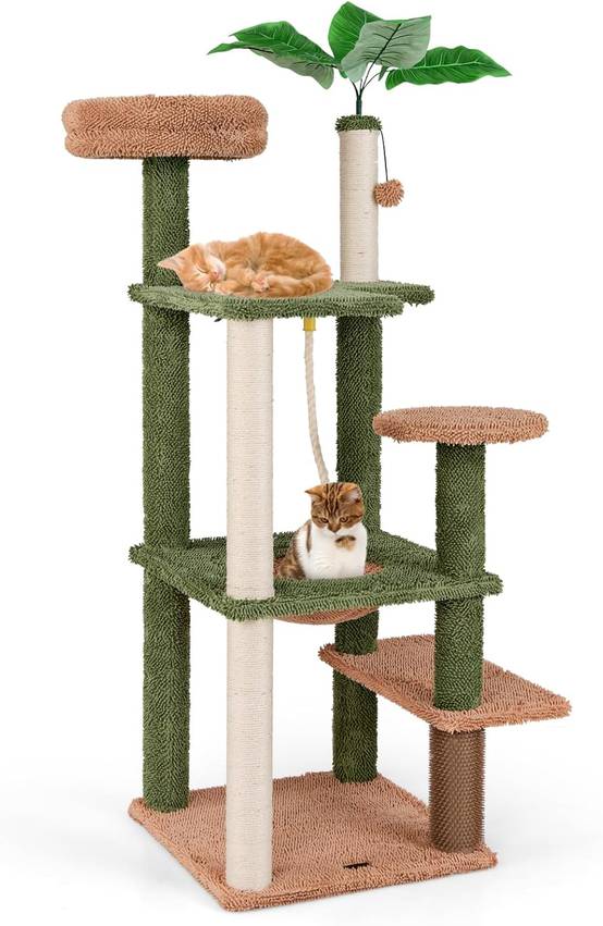 COSTWAY Arbre à Chat Cactus, Tour pour Chat à 6 Étages, 4 Plateformes, Arbre à Chat XXL, Brosse d'Toilettage, 2 Poteaux à Griffer en Sisal, Vert - Image 1