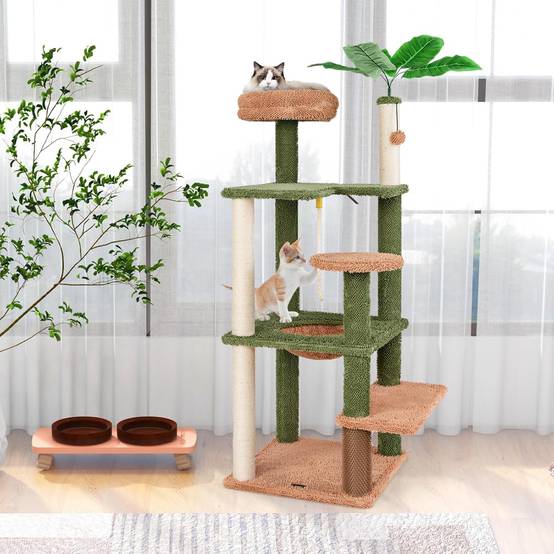 COSTWAY Arbre à Chat Cactus, Tour pour Chat à 6 Étages, 4 Plateformes, Arbre à Chat XXL, Brosse d'Toilettage, 2 Poteaux à Griffer en Sisal, Vert - Image 9
