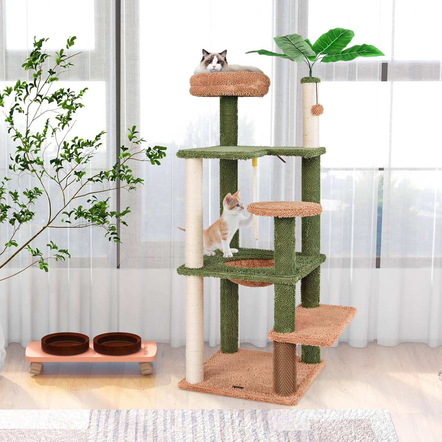 COSTWAY Arbre à Chat Cactus, Tour pour Chat à 6 Étages, 4 Plateformes, Arbre à Chat XXL, Brosse d'Toilettage, 2 Poteaux à Griffer en Sisal, Vert - Image 9
