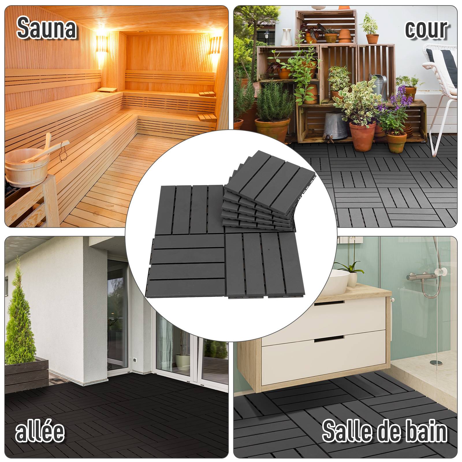 Outsunny - Caillebotis - dalles terrasse - lot de  9 - emboîtables, installation très simple - petits carreaux composite plastique imitation bois noir - Outsunny - Imagen 6