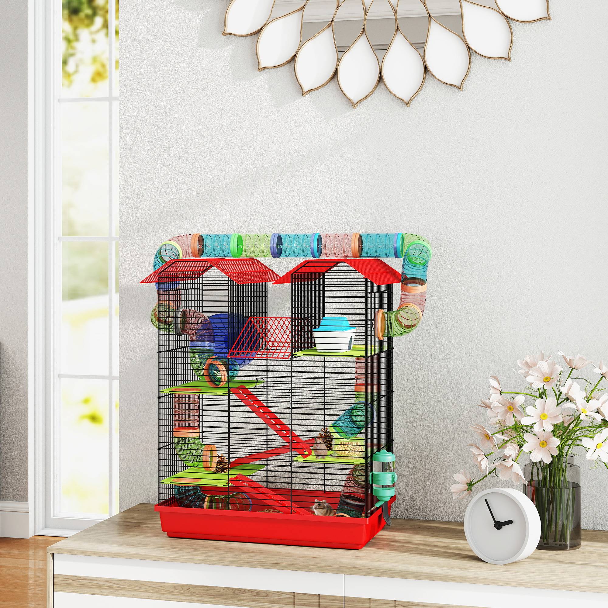 Cage pour hamster et rongeur acier et plastique rouge 47 x 30 x 59 cm - PANGIVO - Image 4