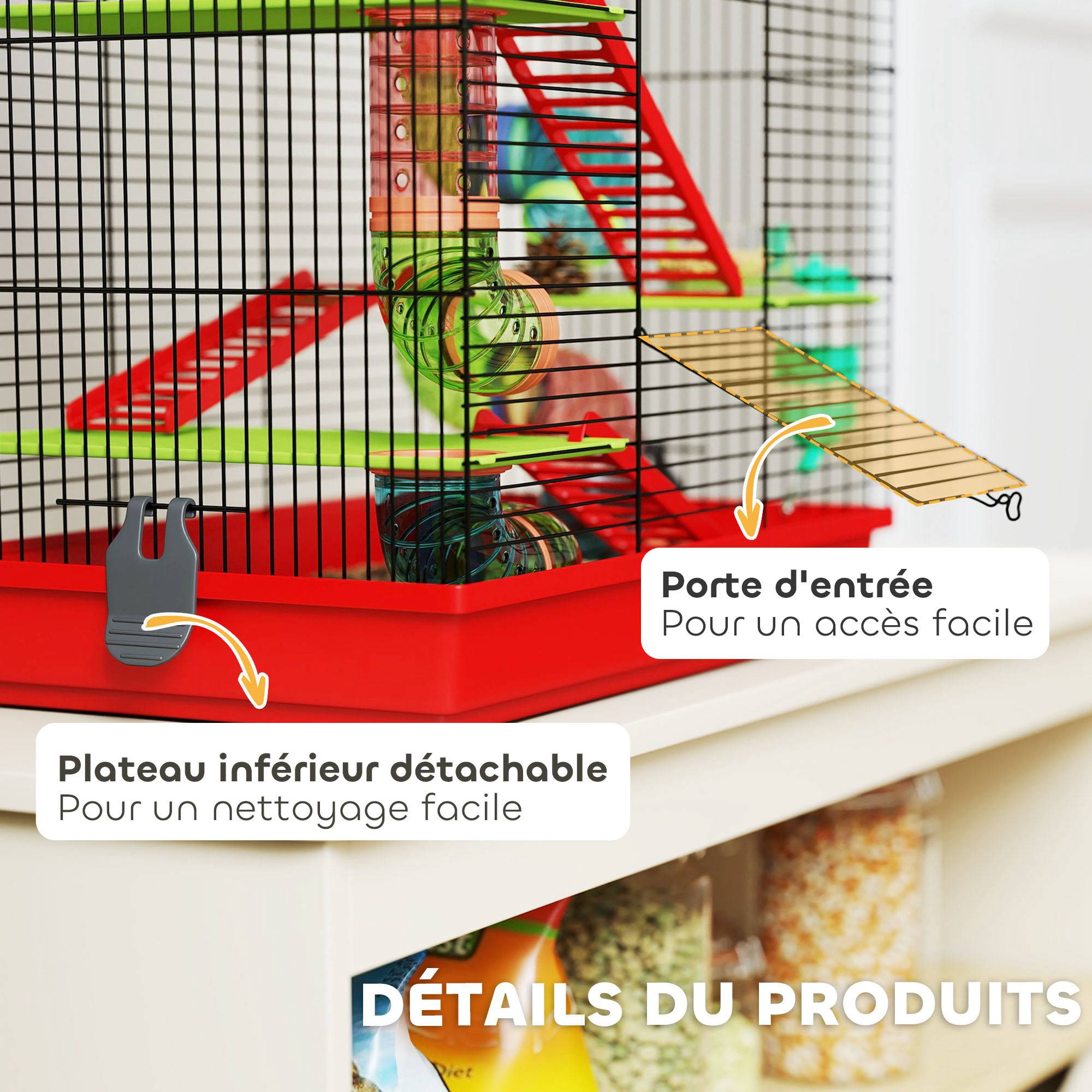 Cage pour hamster et rongeur acier et plastique rouge 47 x 30 x 59 cm - PANGIVO - Image 8