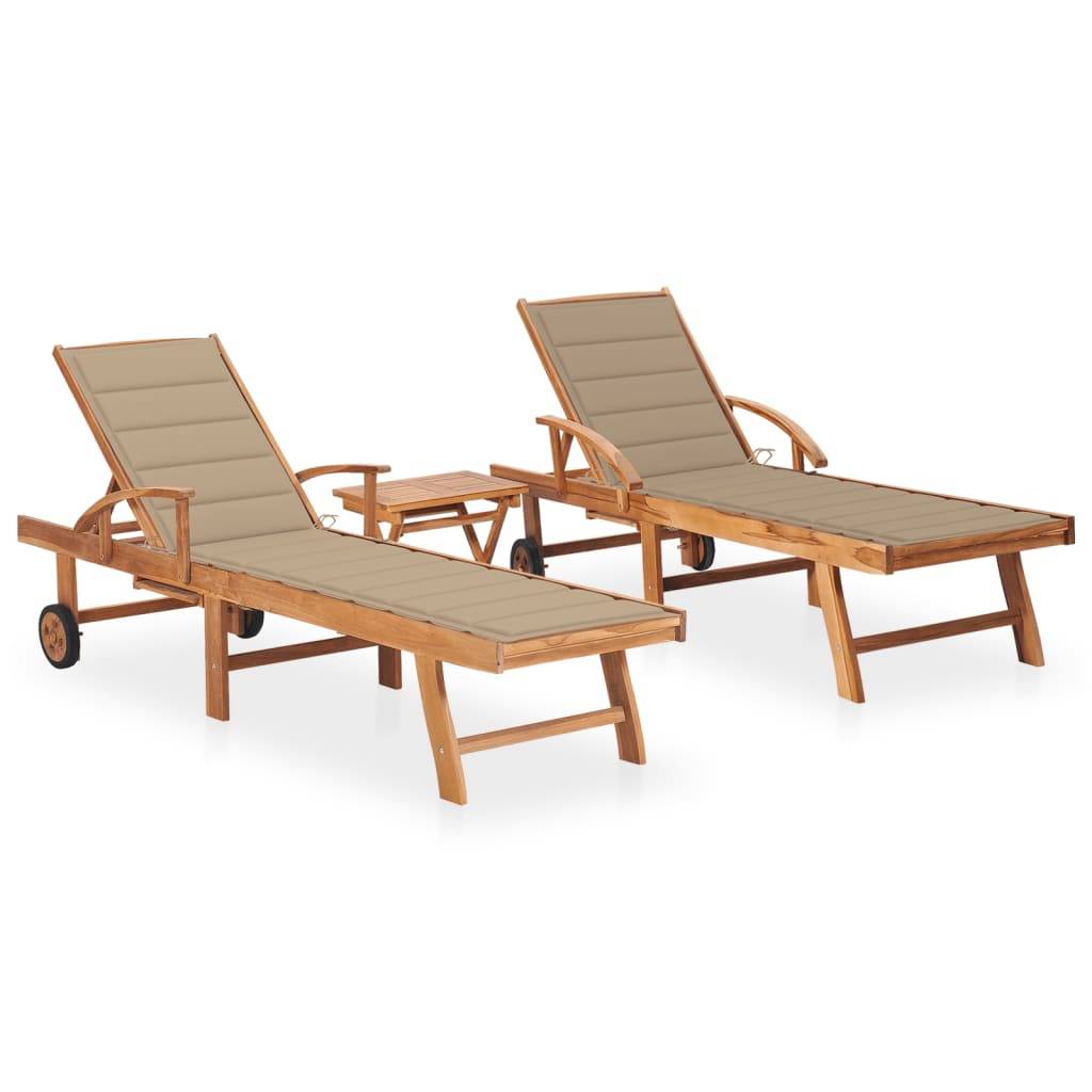 Helloshop26 - Lot de 2 transats chaise longue bain de soleil lit de jardin terrasse meuble d'extérieur avec table et coussin bois de teck solide - Imagen 1