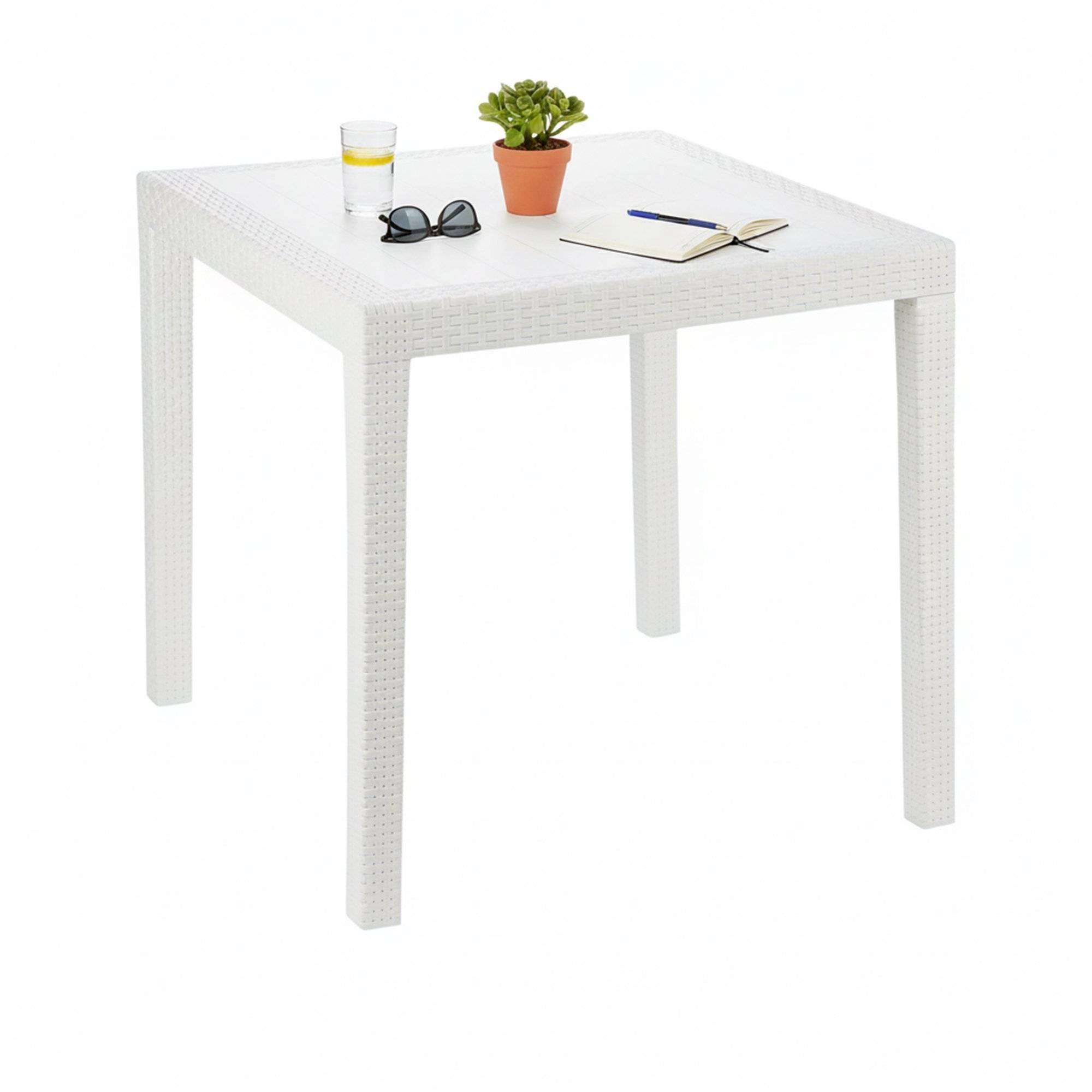 Dmora - Table d'extérieur Daanan, Table de jardin carrée, Table basse fixe effet rotin, 100% Made in Italy, 80x80h72 cm, Blanc - Dmora - Imagen 1