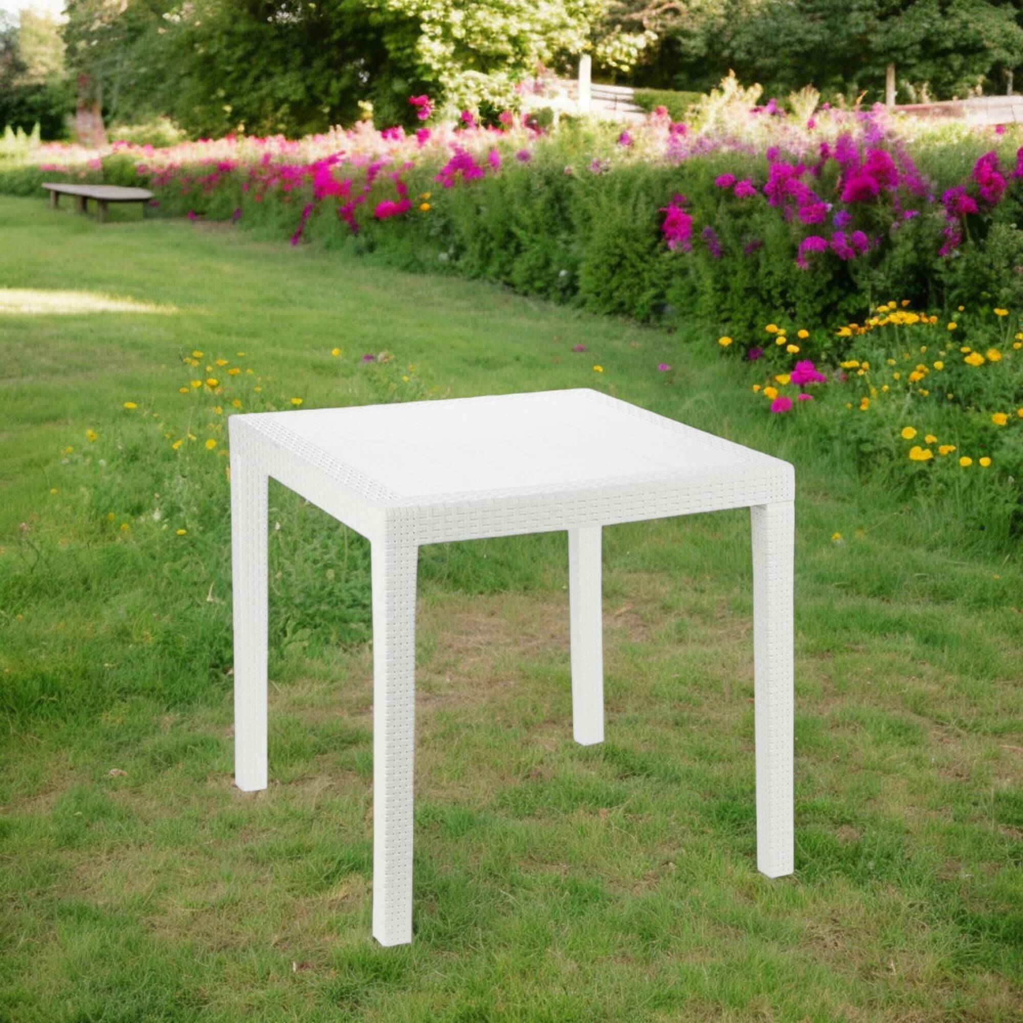 Dmora - Table d'extérieur Daanan, Table de jardin carrée, Table basse fixe effet rotin, 100% Made in Italy, 80x80h72 cm, Blanc - Dmora - Imagen 5