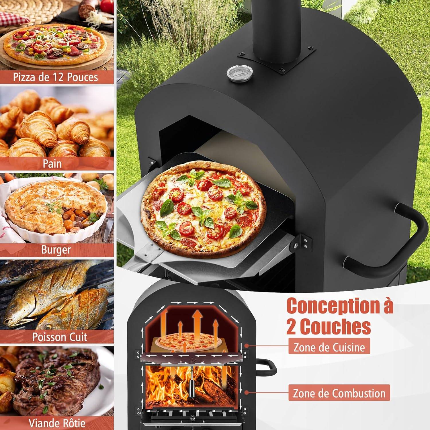 Four à Pizza Extérieur avec Thermomètre Intégré, Grill à Pizza Mobile avec Poignée et Roues Pratiques Couvercle Etanche - Image 8