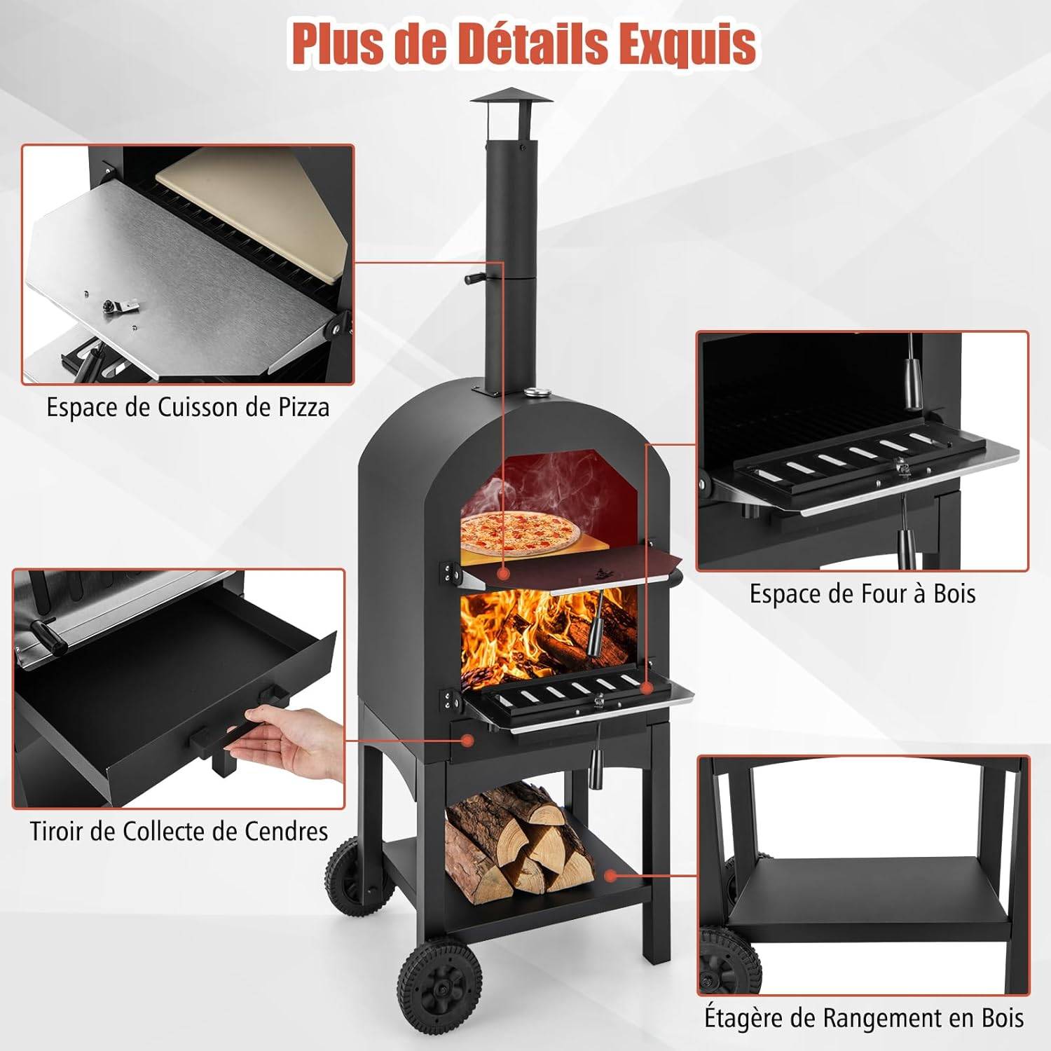 Four à Pizza Extérieur avec Thermomètre Intégré, Grill à Pizza Mobile avec Poignée et Roues Pratiques Couvercle Etanche - Image 3