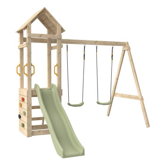 Aire de jeux PLAQUEMINIER avec toit - plateforme - échelle - mur d'escalade - 2 balançoires - toboggan h240 cm - Image 2