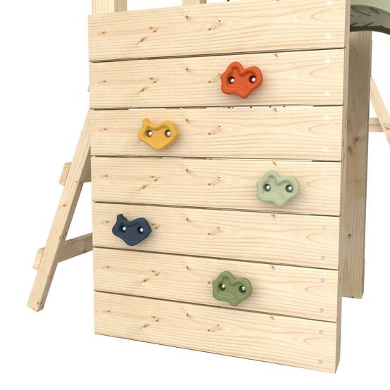Aire de jeux PLAQUEMINIER avec toit - plateforme - échelle - mur d'escalade - 2 balançoires - toboggan h240 cm - Image 8
