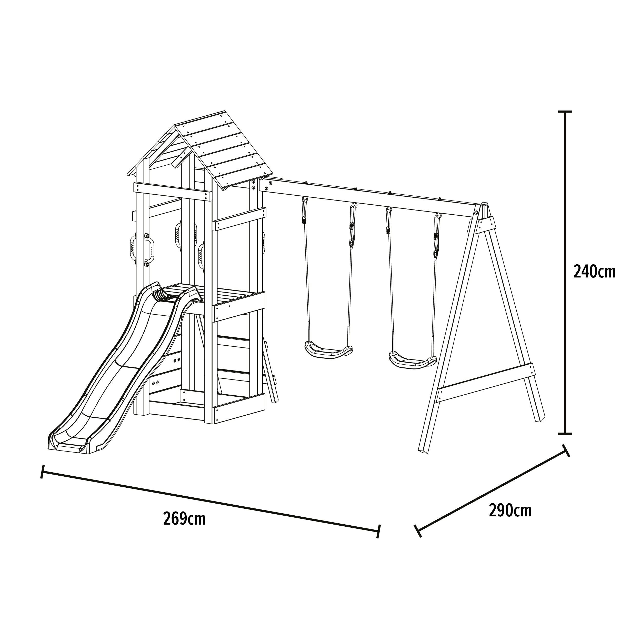 Aire de jeux PLAQUEMINIER avec toit - plateforme - échelle - mur d'escalade - 2 balançoires - toboggan h240 cm - Image 4