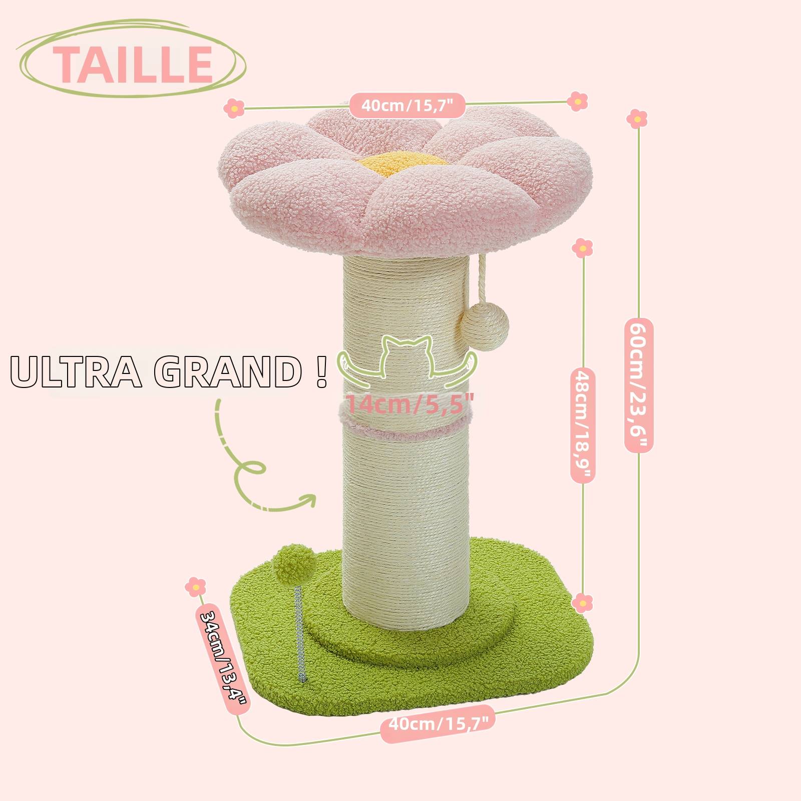 Pawzroad - Grand Poteau à Griffer Arbre à Chat 60cm Rose PAWZ Road - Image 2