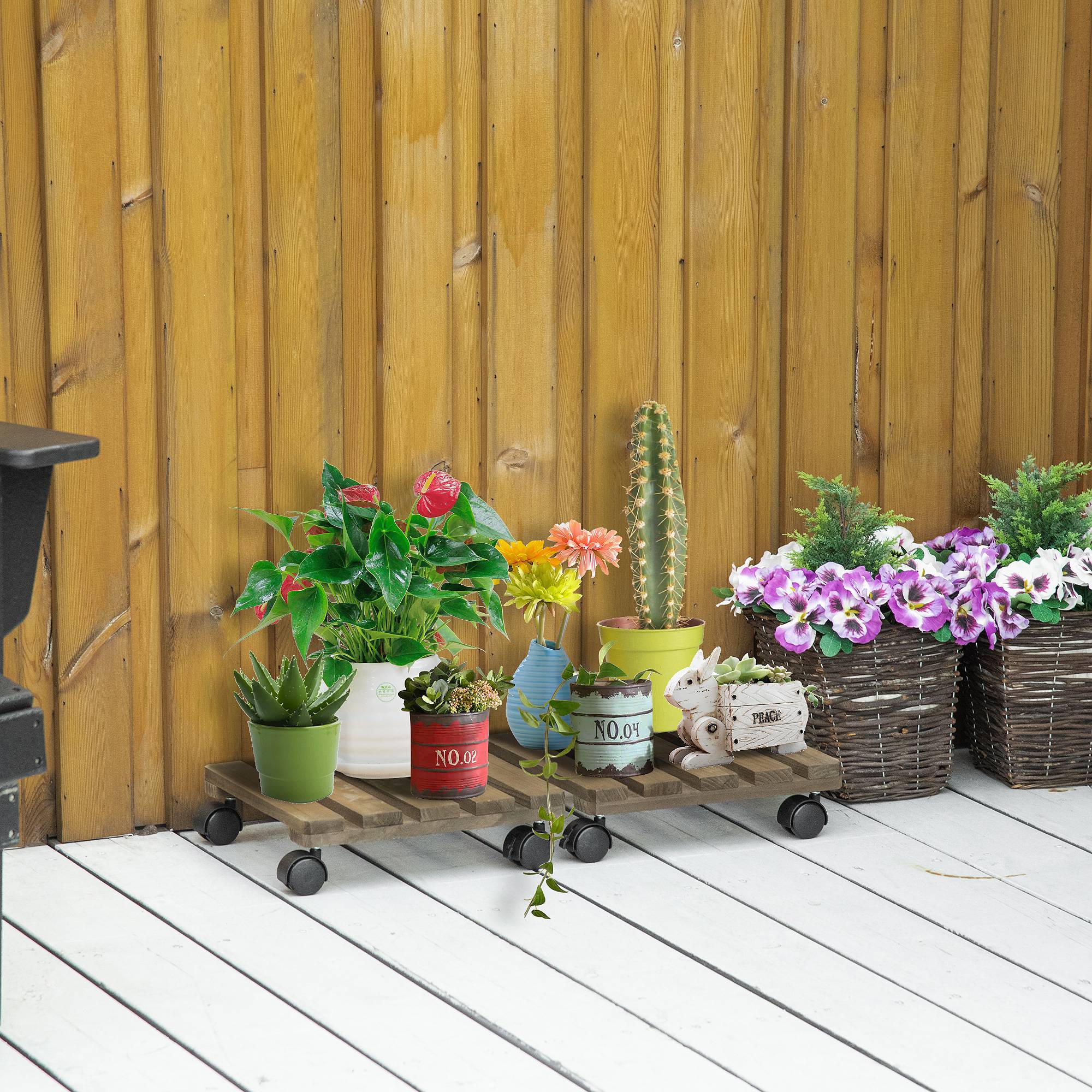 Lot 2 Supports Plantes Bois Massif Intérieur Extérieur Roulettes Freins 30x30x7cm Brun - ComfortXL Outdoor Living - Image 3