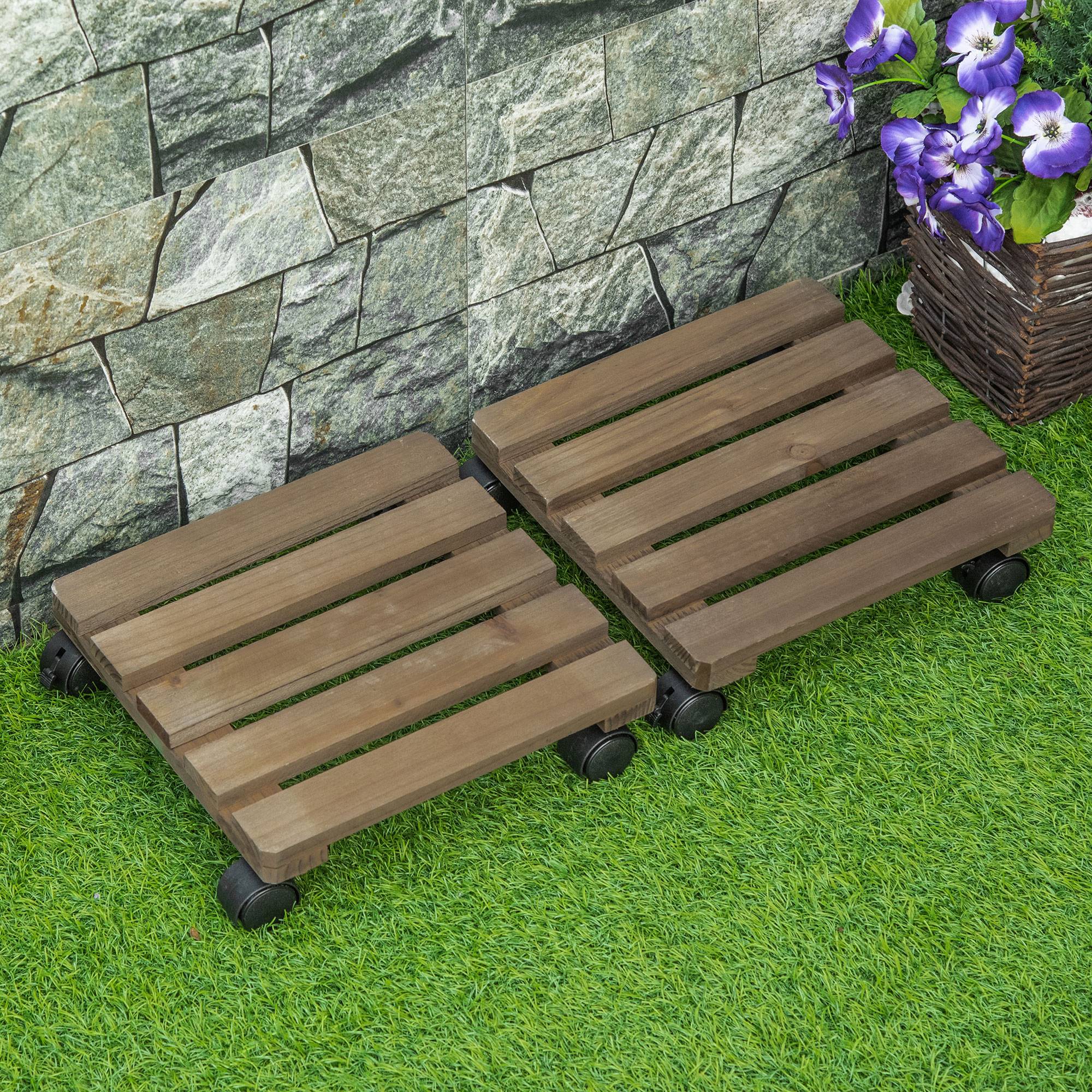 Lot 2 Supports Plantes Bois Massif Intérieur Extérieur Roulettes Freins 30x30x7cm Brun - ComfortXL Outdoor Living - Image 9