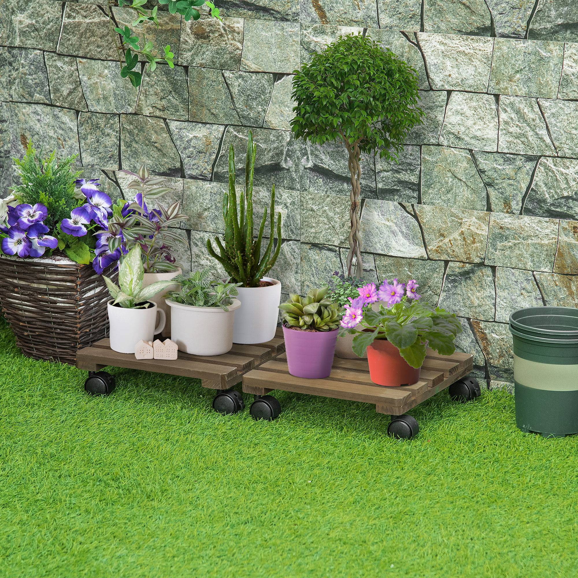 Lot 2 Supports Plantes Bois Massif Intérieur Extérieur Roulettes Freins 30x30x7cm Brun - ComfortXL Outdoor Living - Image 4