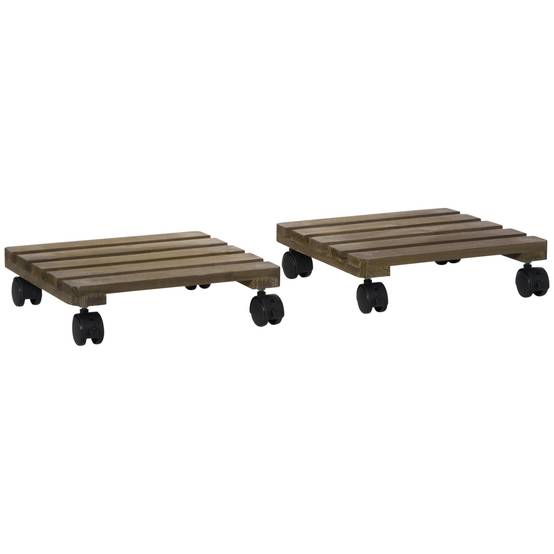 Lot 2 Supports Plantes Bois Massif Intérieur Extérieur Roulettes Freins 30x30x7cm Brun - ComfortXL Outdoor Living - Image 2